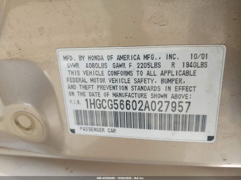 2002 Honda Accord 2.3 Ex VIN: 1HGCG56602A027957 Lot: 43352480