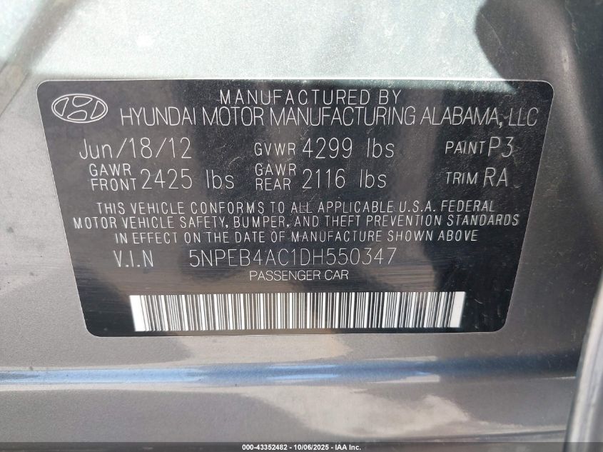 2013 Hyundai Sonata Gls VIN: 5NPEB4AC1DH550347 Lot: 43352482