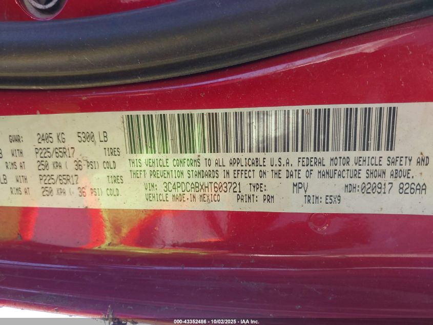 2017 Dodge Journey Se VIN: 3C4PDCABXHT603721 Lot: 43352486