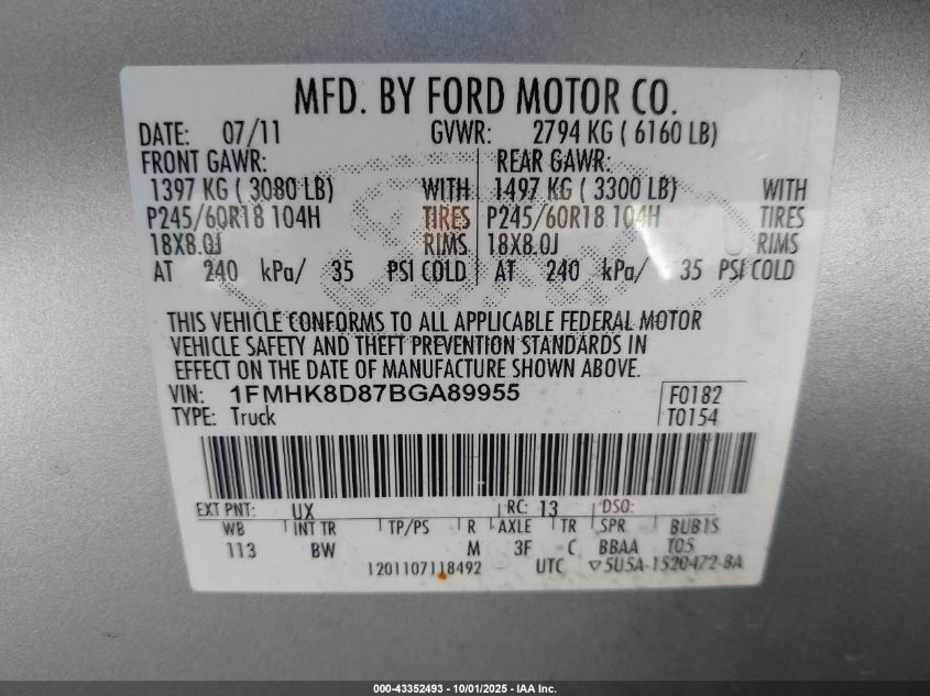 2011 Ford Explorer Xlt VIN: 1FMHK8D87BGA89955 Lot: 43352493