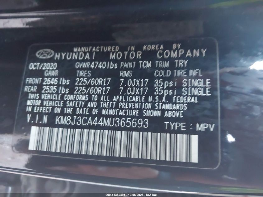 2021 Hyundai Tucson Value VIN: KM8J3CA44MU365693 Lot: 43352494