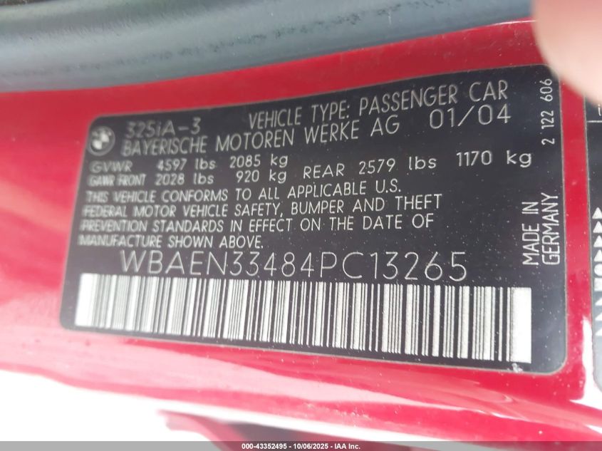 2004 BMW 325It VIN: WBAEN33484PC13265 Lot: 43352495