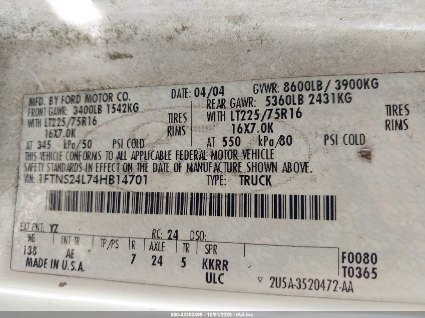 2004 Ford E-250 Commercial/Recreational VIN: 1FTNS24L74HB14701 Lot: 43352499