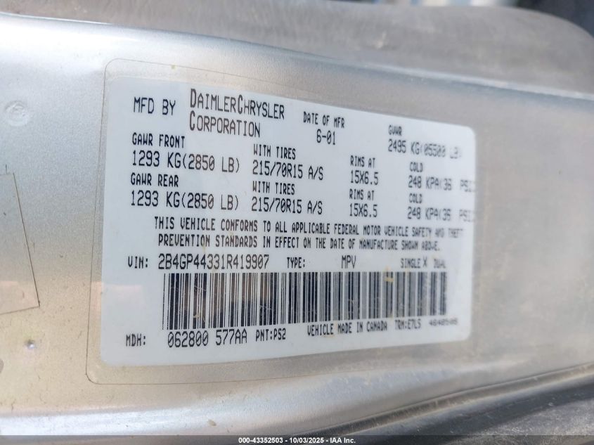 2001 Dodge Grand Caravan Sport VIN: 2B4GP44331R419907 Lot: 43352503