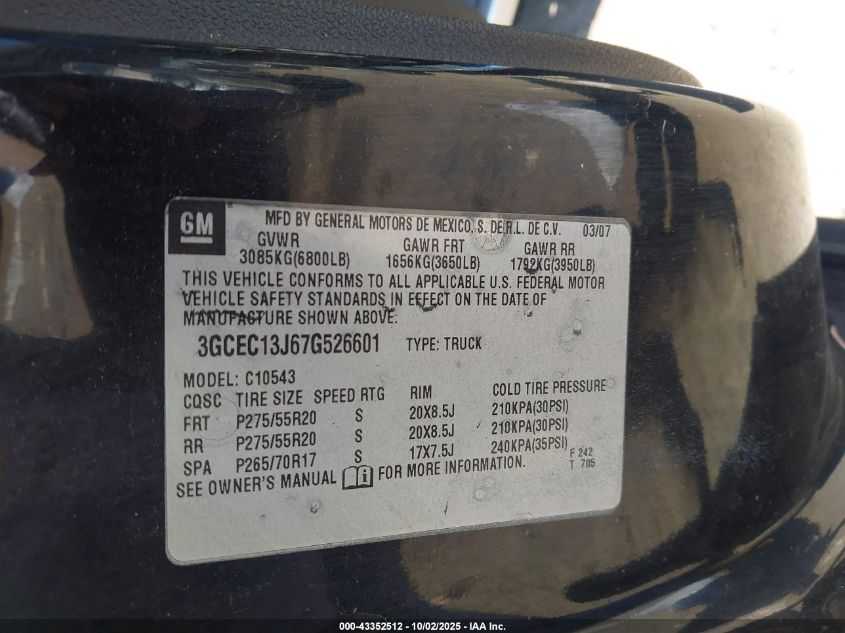 2007 Chevrolet Silverado 1500 Lt2 VIN: 3GCEC13J67G526601 Lot: 43352512