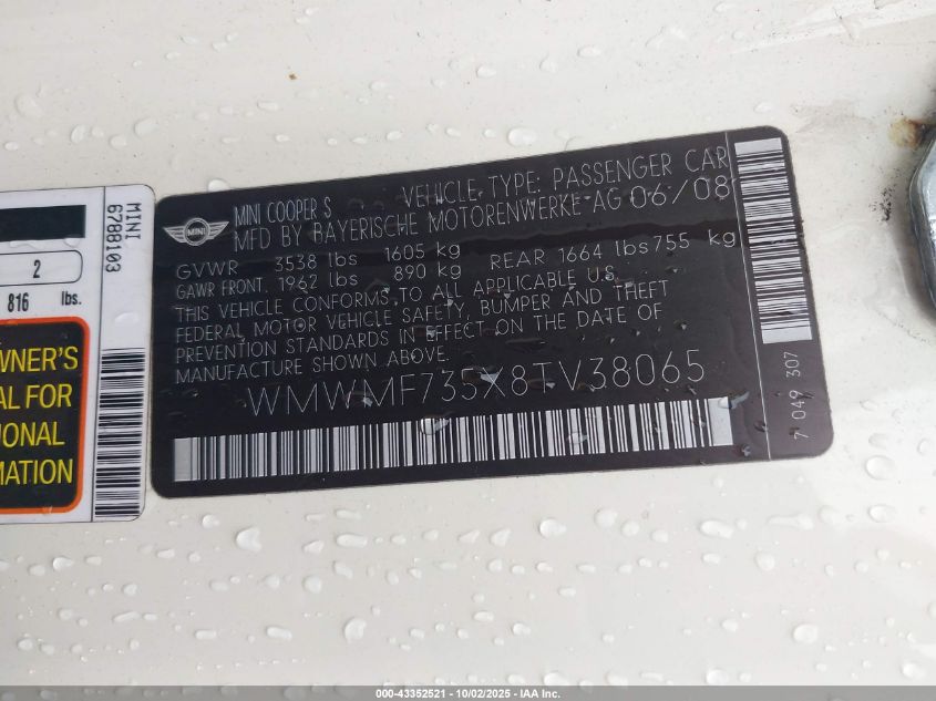 2008 Mini Cooper S VIN: WMWMF735X8TV38065 Lot: 43352521