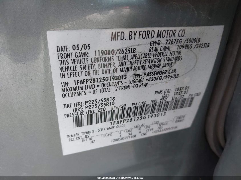 2005 Ford Five Hundred Limited VIN: 1FAFP28125G193013 Lot: 43352528