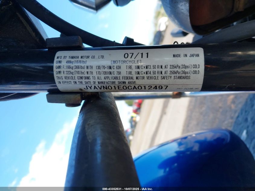 2012 Yamaha Xvs950 A/Ct VIN: JYAVN01E0CA012497 Lot: 43352531