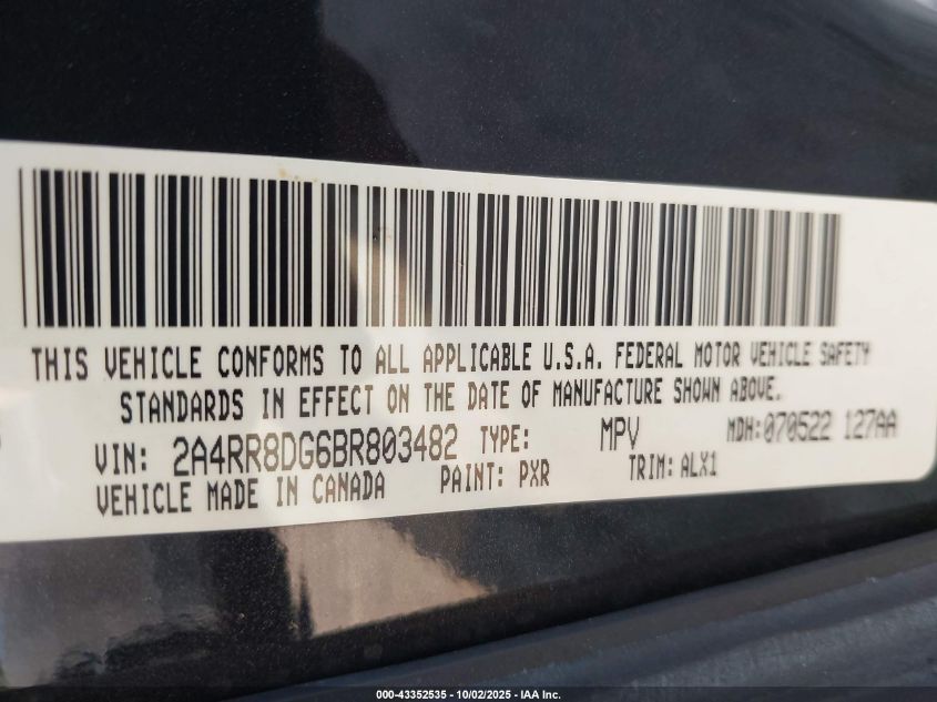 2011 Chrysler Town And Country VIN: 2A4RR8DGBR803482 Lot: 43352535