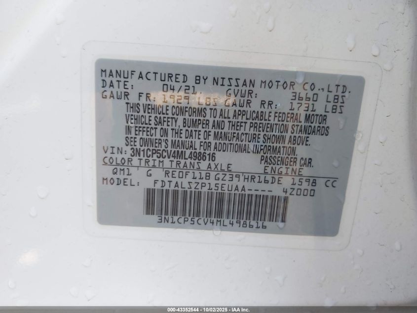 2021 Nissan Kicks Sv Xtronic Cvt VIN: 3N1CP5CV4ML498616 Lot: 43352544