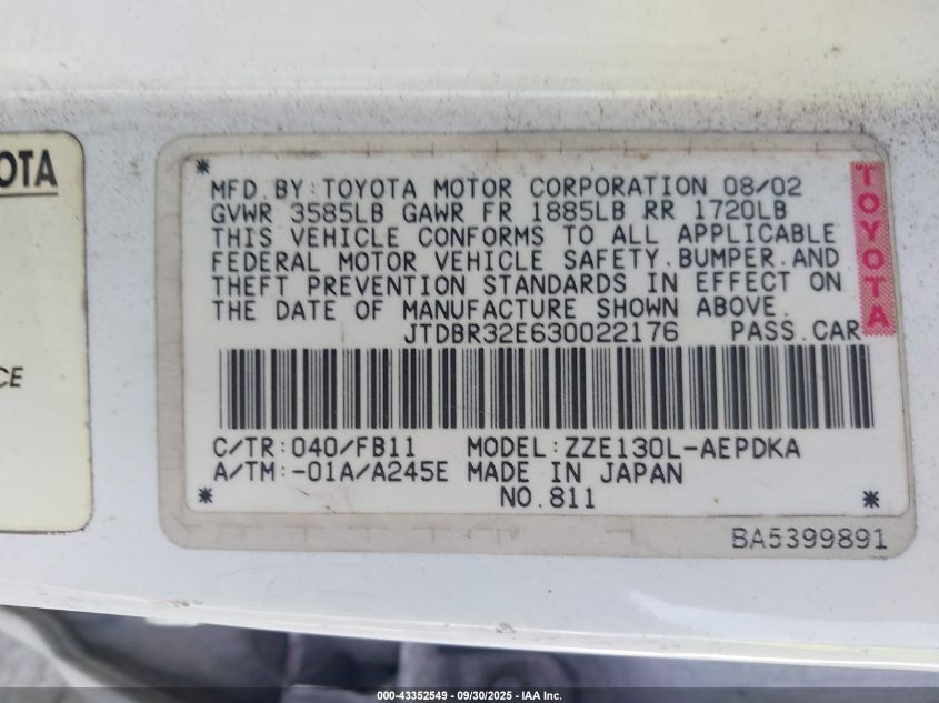 2003 Toyota Corolla Ce VIN: JTDBR32E630022176 Lot: 43352549