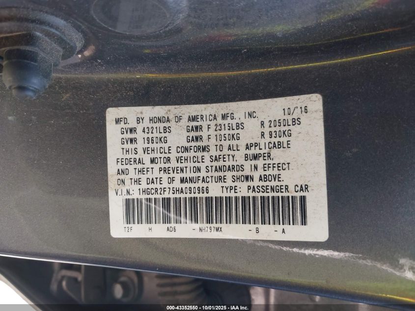 2017 Honda Accord Ex VIN: 1HGCR2F75HA090966 Lot: 43352550