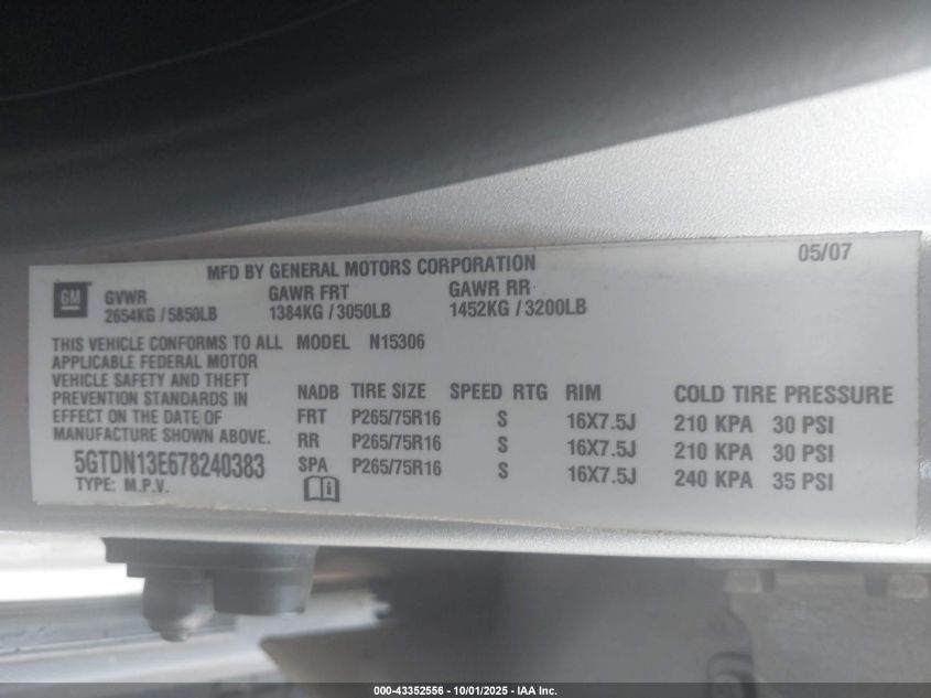 2007 Hummer H3 Suv VIN: 5GTDN13E678240383 Lot: 43352556