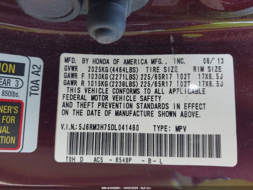 2013 Honda Cr-V Ex-L VIN: 5J6RM3H75DL041480 Lot: 43352561