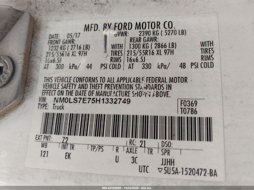 2017 Ford Transit Connect Xl VIN: NM0LS7E75H1332749 Lot: 43352565