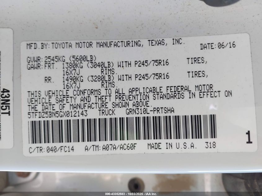 2016 Toyota Tacoma Sr5 V6 VIN: 5TFDZ5BN5GX012143 Lot: 43352583