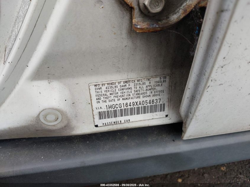 1999 Honda Accord Lx V6 VIN: 1HGCG1649XA054637 Lot: 43352586