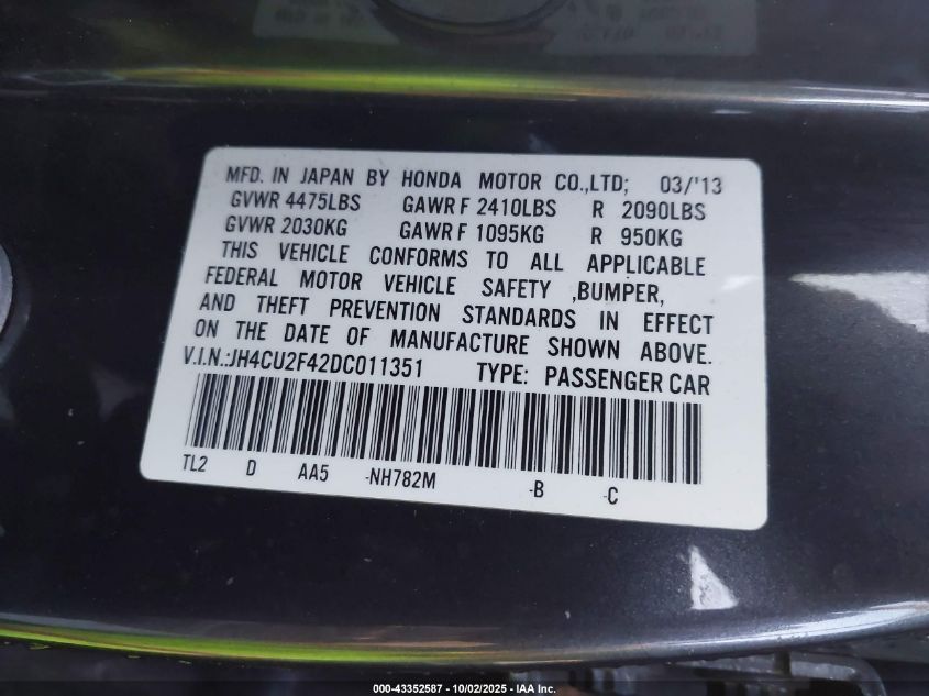 2013 Acura Tsx 2.4 VIN: JH4CU2F42DC011351 Lot: 43352587