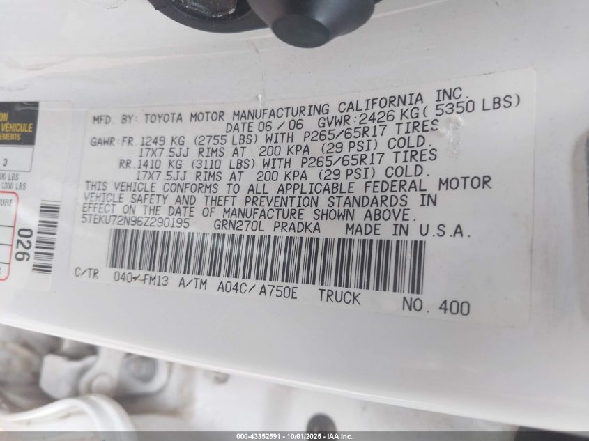 2006 Toyota Tacoma Prerunner V6 VIN: 5TEKU72N96Z290195 Lot: 43352591