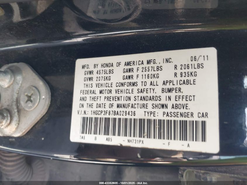 2011 Honda Accord 3.5 Ex-L VIN: 1HGCP3F87BA029436 Lot: 43352605