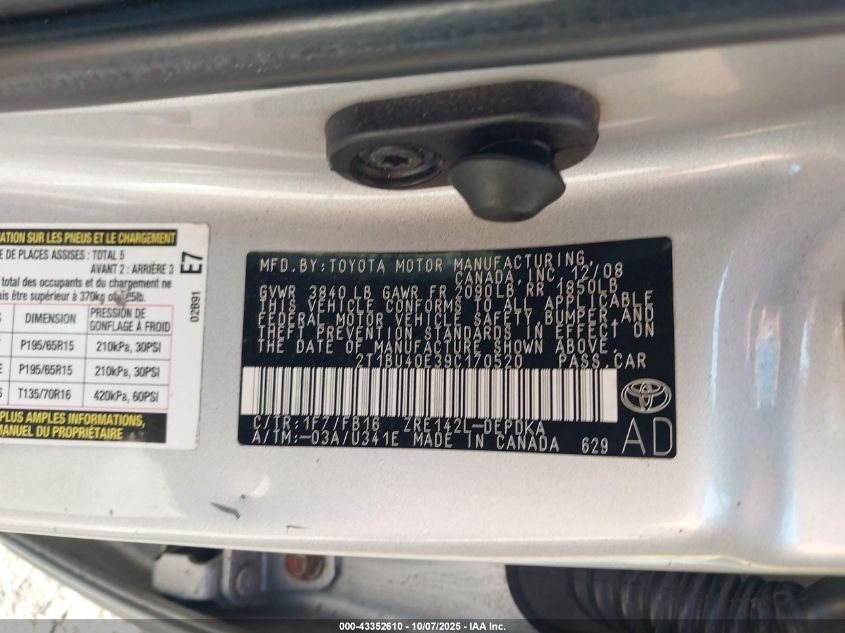 2009 Toyota Corolla Le VIN: 2T1BU40E39C170520 Lot: 43352610