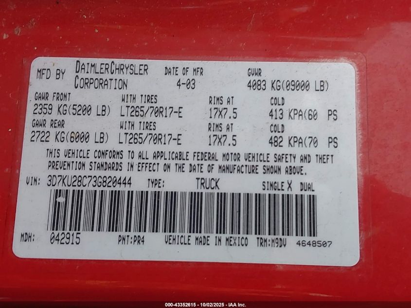 2003 Dodge Ram 2500 Slt/Laramie/St VIN: 3D7KU28C73G820444 Lot: 43352615