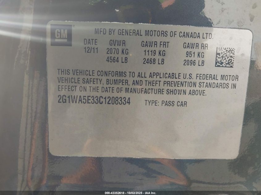2012 Chevrolet Impala Ls VIN: 2G1WA5E33C1208334 Lot: 43352618