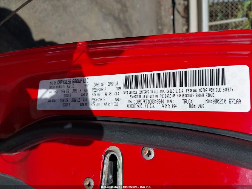 2012 Ram 1500 St VIN: 1C6RD7KT1CS340544 Lot: 43352623