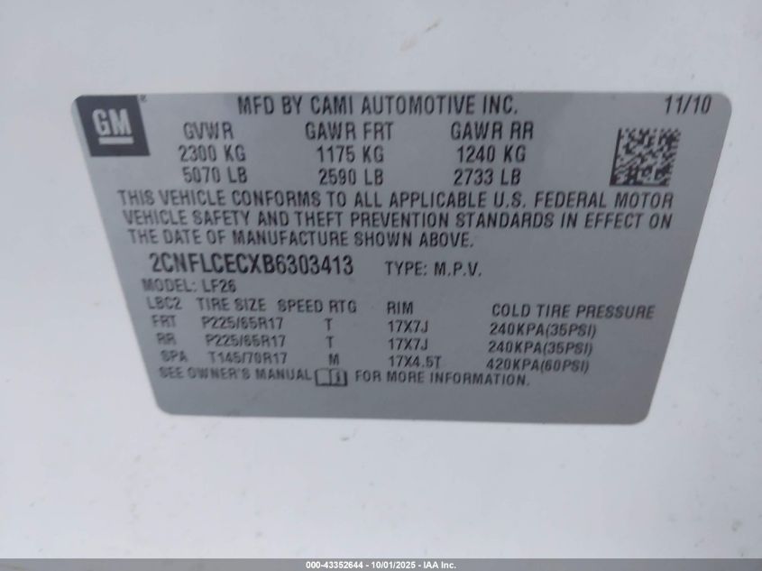 2011 Chevrolet Equinox Ls VIN: 2CNFLCECXB6303413 Lot: 43352644