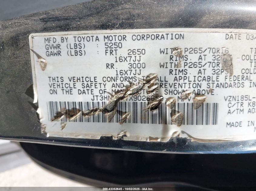 1999 Toyota 4Runner Limited V6 VIN: JT3HN87R7X9026659 Lot: 43352645