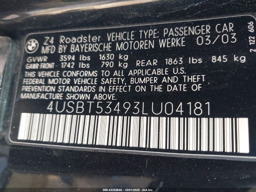 2003 BMW Z4 3.0I VIN: 4USBT53493LU04181 Lot: 43352648
