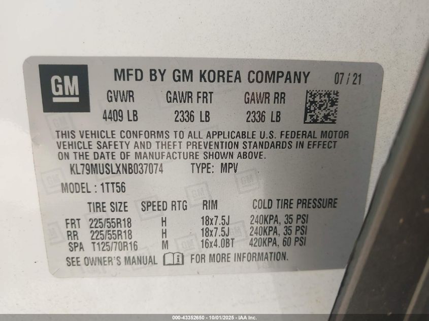 2022 Chevrolet Trailblazer Awd Rs VIN: KL79MUSLXNB037074 Lot: 43352650