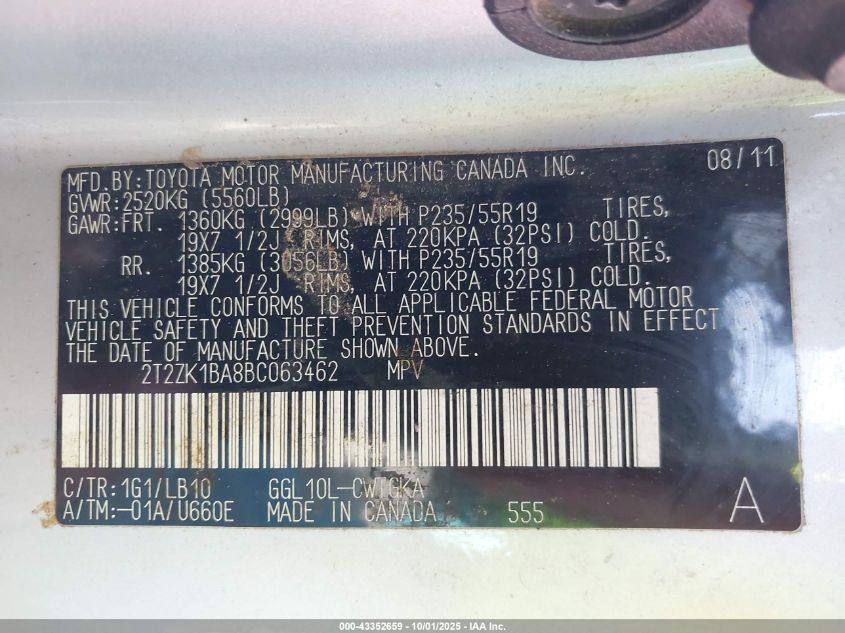 2011 Lexus Rx 350 VIN: 2T2ZK1BA8BC063462 Lot: 43352659