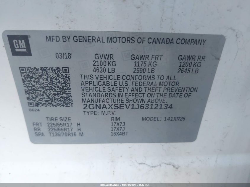 2018 Chevrolet Equinox Lt VIN: 2GNAXSEV1J6312134 Lot: 43352660