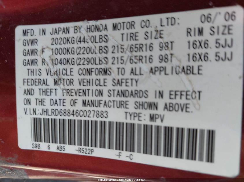 2006 Honda Cr-V Ex VIN: JHLRD68846C027883 Lot: 43352665
