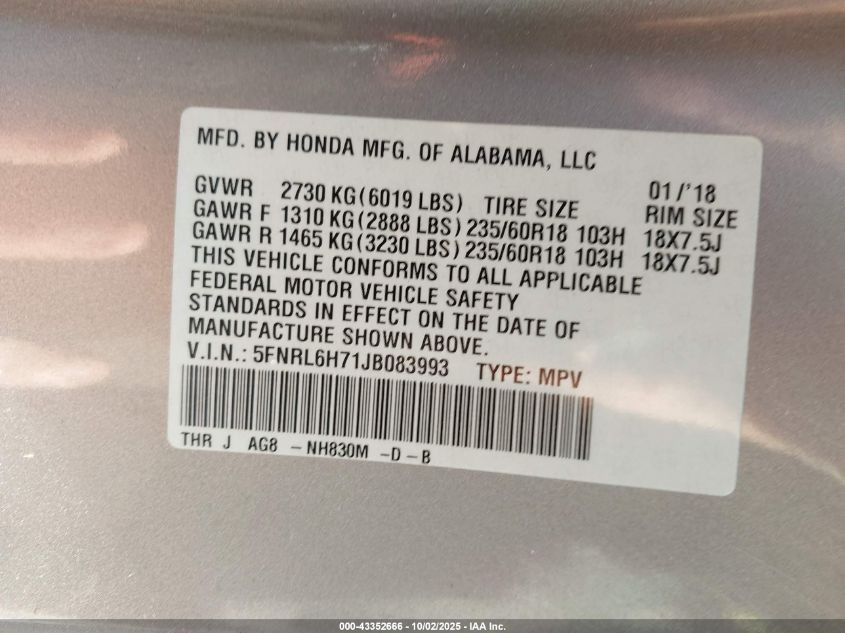 2018 Honda Odyssey Ex-L VIN: 5FNRL6H71JB083993 Lot: 43352666