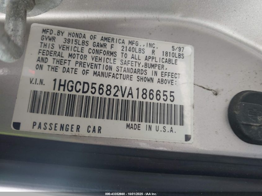 1997 Honda Accord Value VIN: 1HGCD5682VA186655 Lot: 43352668