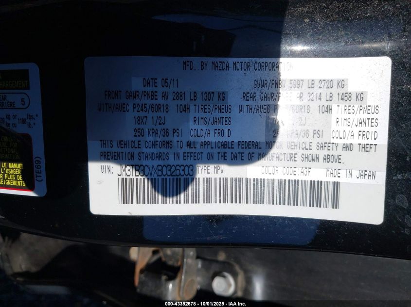 2011 Mazda Cx-9 Touring VIN: JM3TB3CVXB0326303 Lot: 43352678