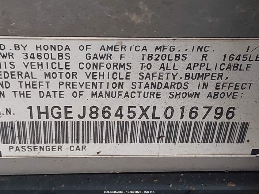 1999 Honda Civic Ex VIN: 1HGEJ8645XL016796 Lot: 43352683