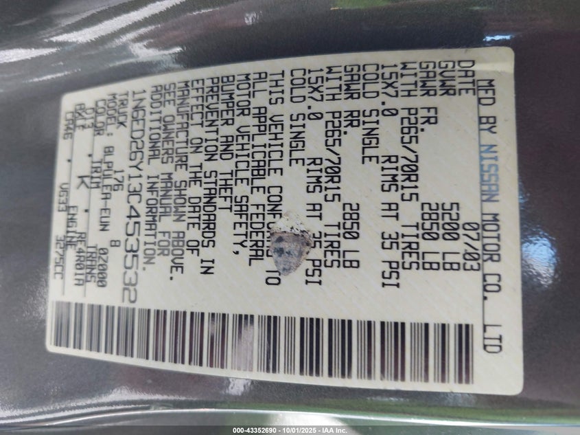 2003 Nissan Frontier Xe-V6 VIN: 1N6ED26Y13C453532 Lot: 43352690