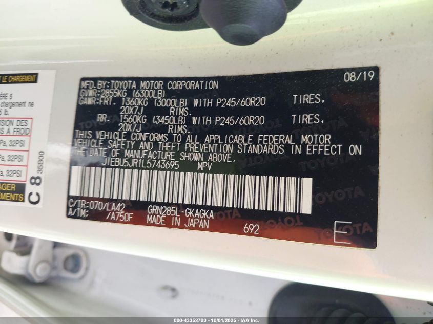 2002 Toyota Sequoia Limited V8 VIN: 5TDZT38A92S089242 Lot: 43352700