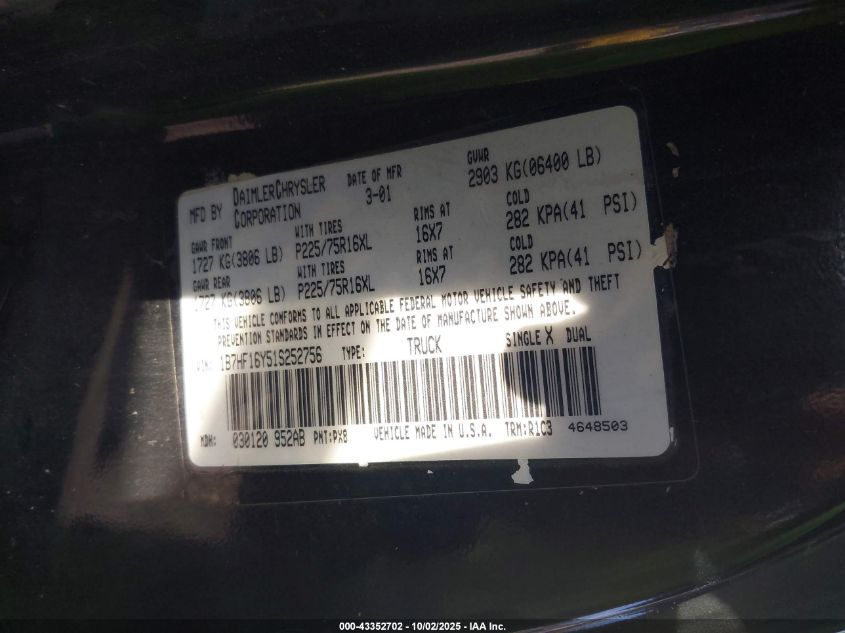 2001 Dodge Ram 1500 St VIN: 1B7HF16Y51S252756 Lot: 43352702