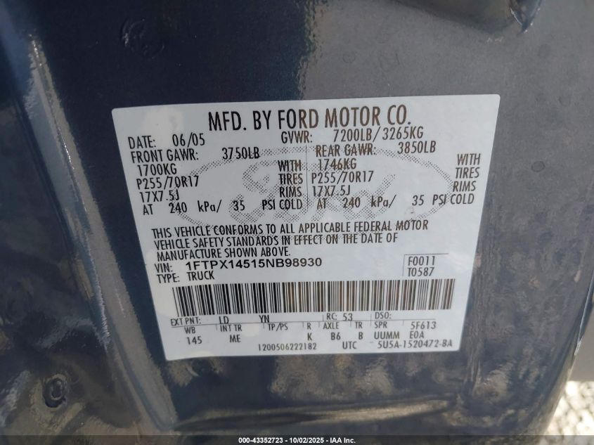 2005 Ford F-150 Fx4/Lariat/Xl/Xlt VIN: 1FTPX14515NB98930 Lot: 43352723