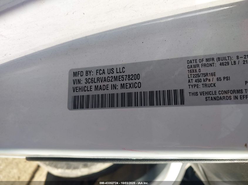 2021 Ram Promaster 1500 Low Roof 136 Wb VIN: 3C6LRVAG2ME578200 Lot: 43352724