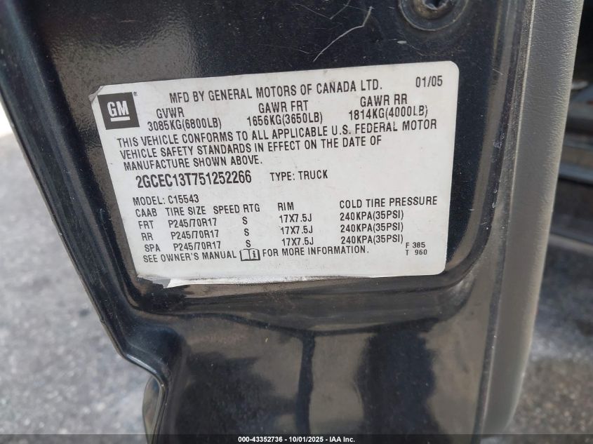 2005 Chevrolet Silverado 1500 Ls VIN: 2GCEC13T751252266 Lot: 43352736