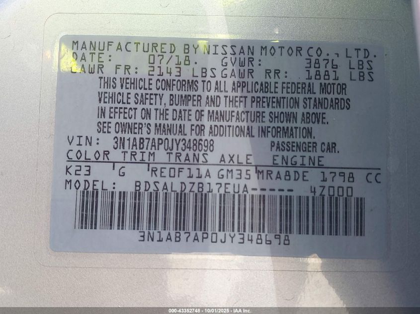 2018 Nissan Sentra Sv VIN: 3N1AB7AP0JY348698 Lot: 43352748