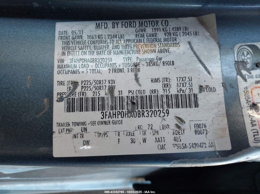 2011 Ford Fusion Se VIN: 3FAHP0HA0BR320259 Lot: 43352765