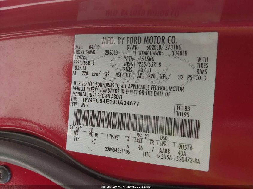 2009 Ford Explorer Eddie Bauer VIN: 1FMEU64E19UA34677 Lot: 43352775