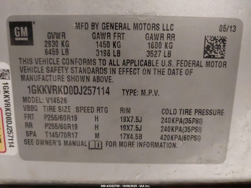 2013 GMC Acadia Slt-1 VIN: 1GKKVRKD0DJ257114 Lot: 43352789