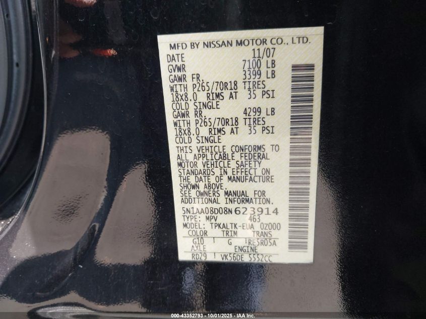 2008 Nissan Armada Se VIN: 5N1AA08D08N623914 Lot: 43352793